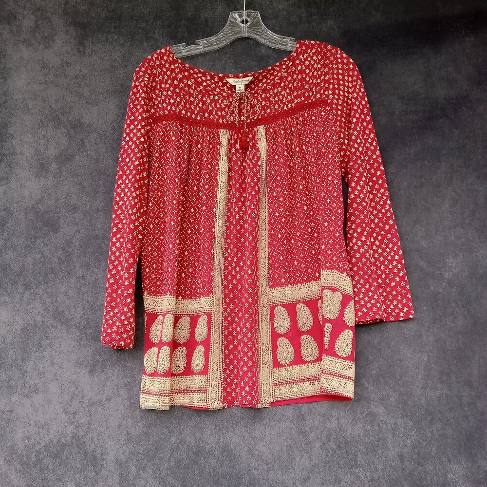 LUCKY BRAND Top Boho Hippie Peasant Festival Blouse Red Tan 3/4 Sleeve Size M - Picture 2 of 6